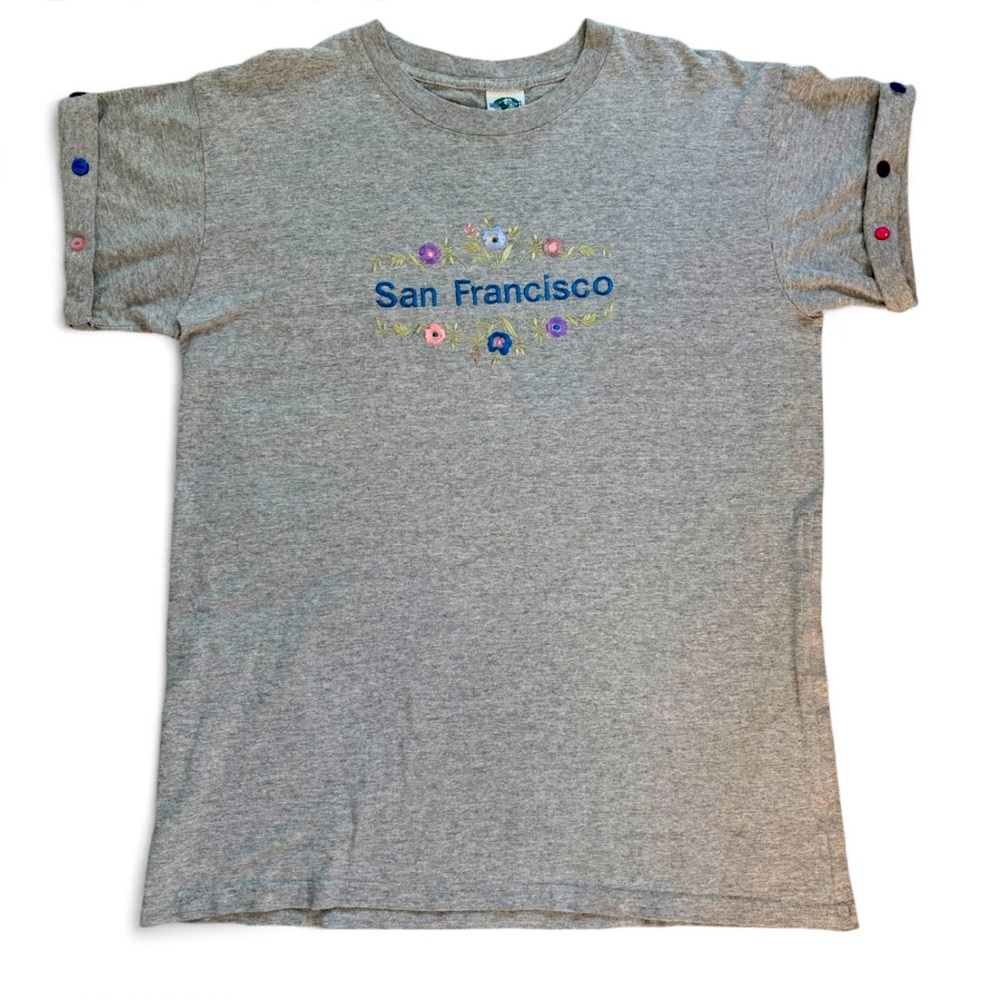 Vintage ‘80s San Francisco Embroidered Gray T-Shirt Tee Buttons Women Large